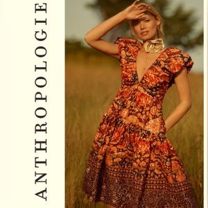 Anthropologie Printed V-Neck Babydoll Dress